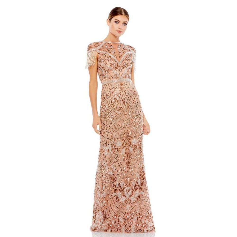 MAC DUGGAL
Beaded Fringe Cap-sleeve Column Gown In Copper/Tan